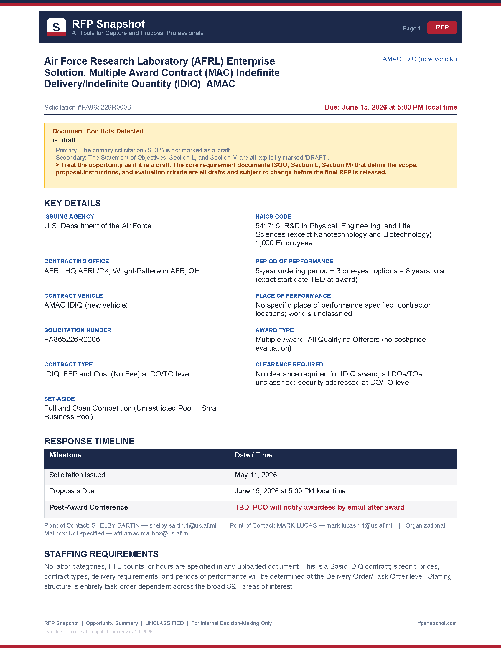 AMAC IDIQ Snapshot Page 1: Key details, timeline, and staffing