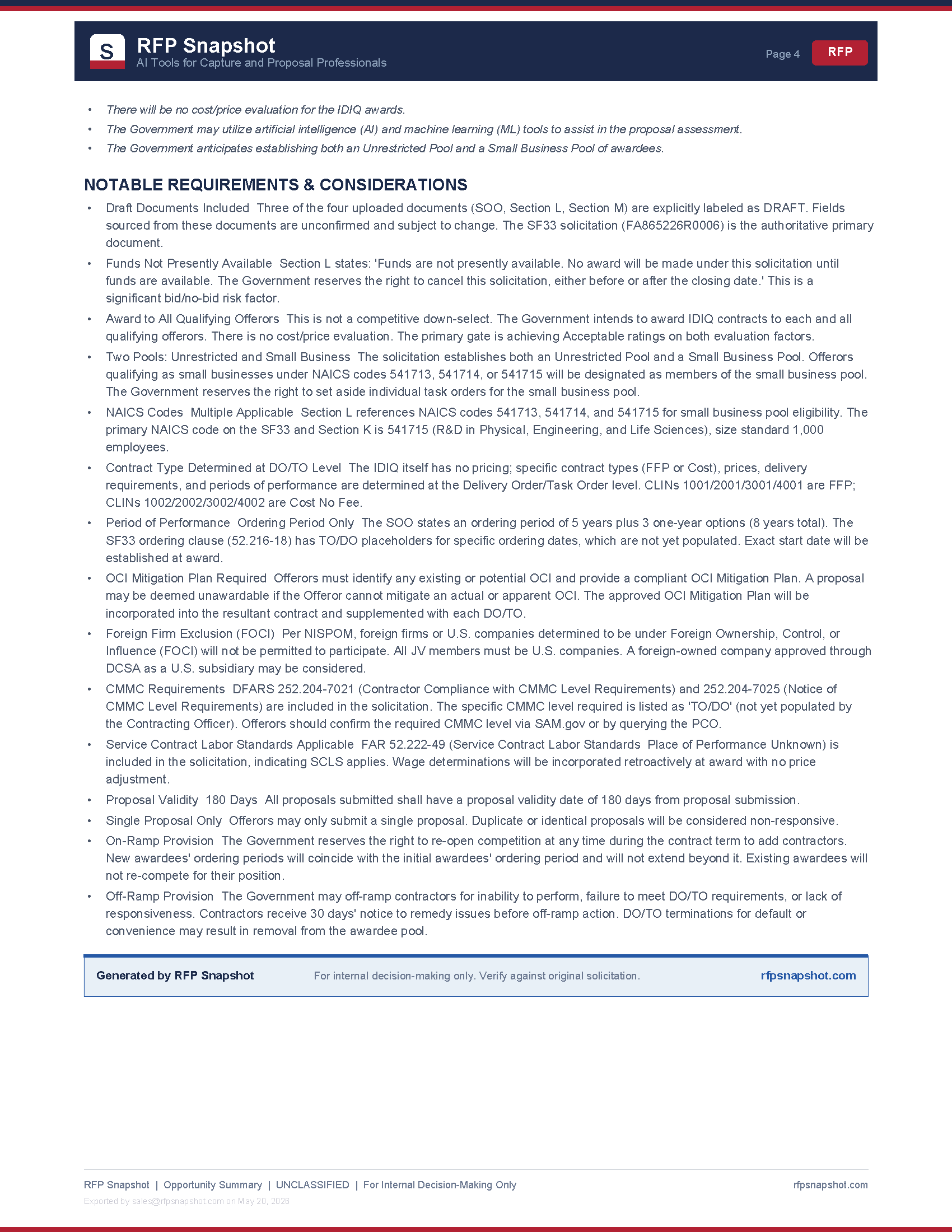 AMAC IDIQ Snapshot Page 4: Notable requirements and considerations