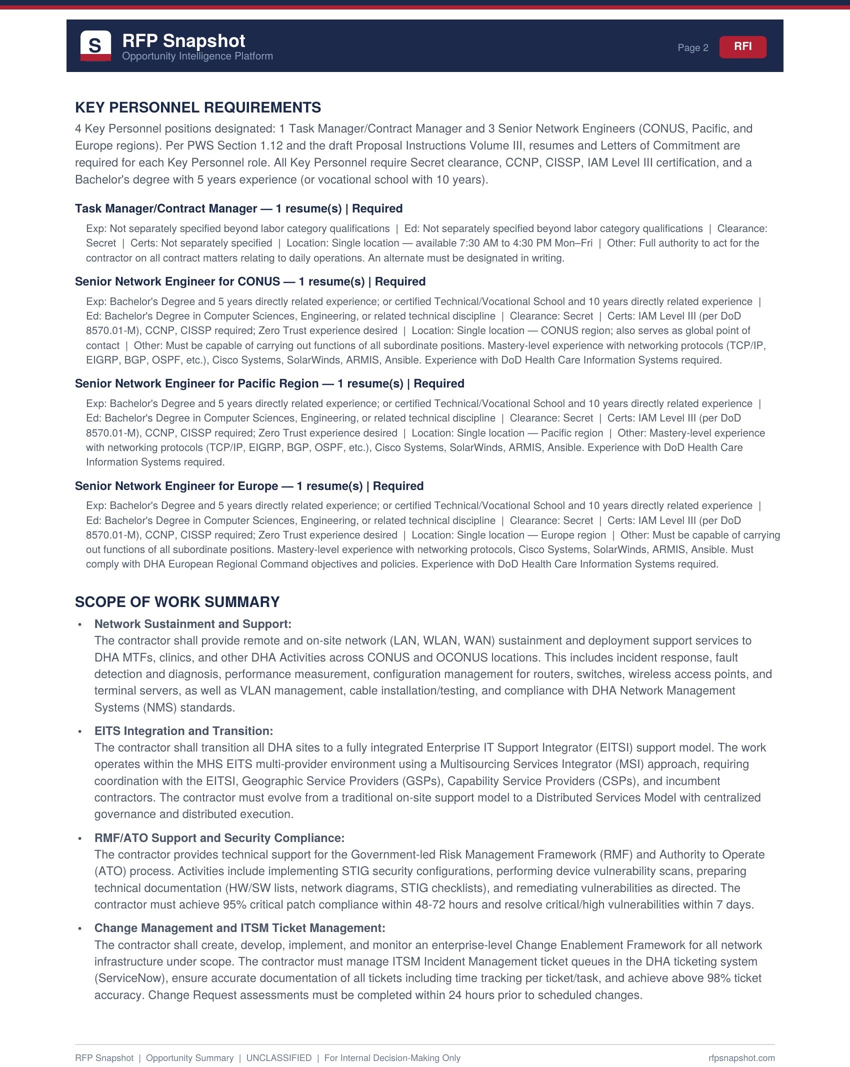 DHA Snapshot Page 2: Key personnel and scope of work