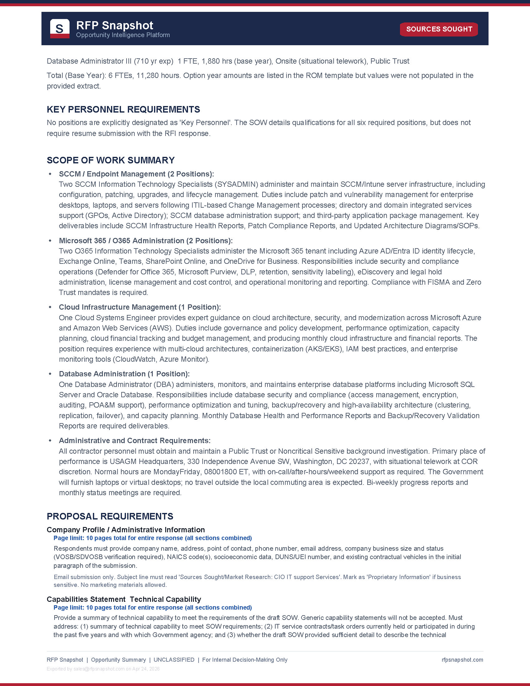 USAGM Snapshot Page 2 — Scope of work, four labor categories, deliverables