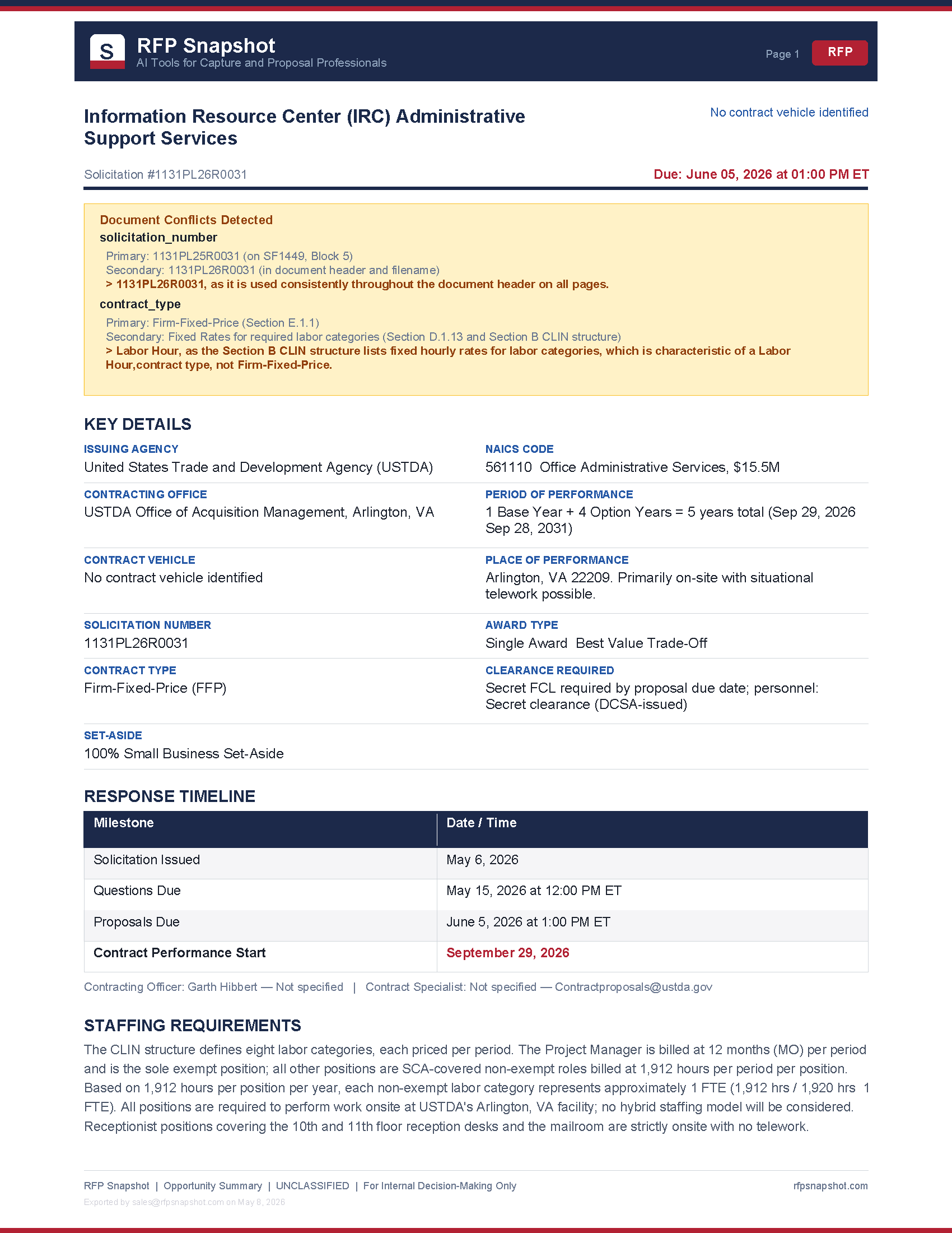 USTDA IRC Snapshot Page 1 - Decision summary with key details and timeline